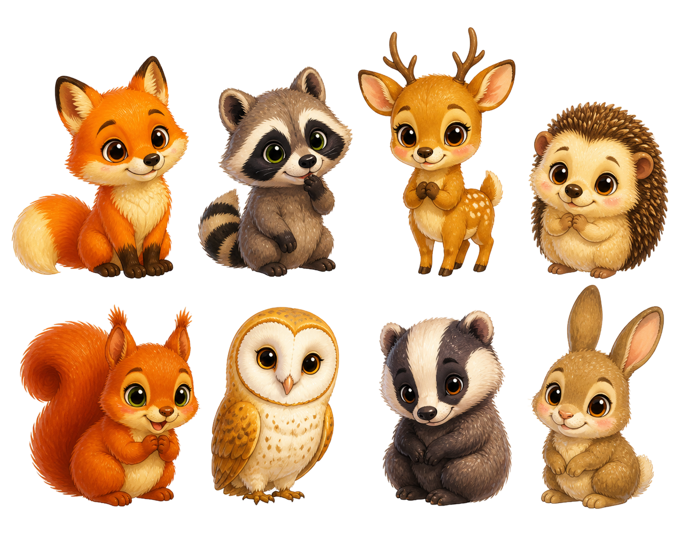 Woodland Bobbets including a fox, raccoon, deer, hedgehog, squirrel, owl, badger, and rabbit