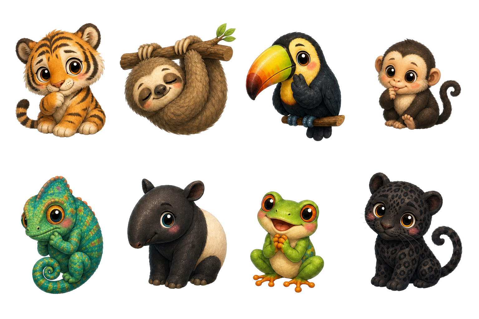 Jungle Bobbets including a tiger, sloth, toucan, monkey, chameleon, tapir, frog, and panther