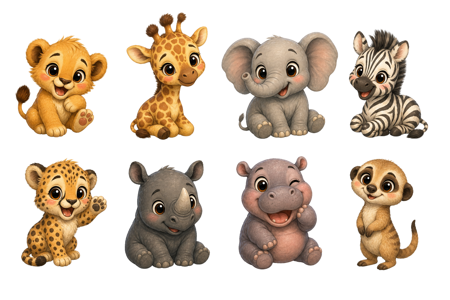 Safari Bobbets including a lion, giraffe, elephant, zebra, cheetah, rhino, hippo, and meerkat