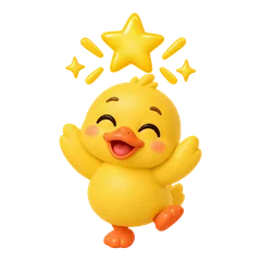 Sunny the duck celebrating under a gold star