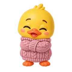 Crouton the duck, eyes closed, snug in a pink sweater