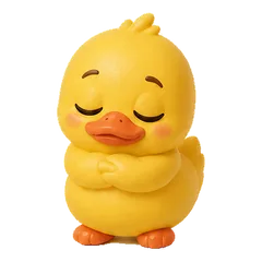 Sunny the duck, eyes closed, arms folded