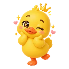 Sunny the duck winking under a tiny crown