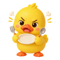 Sunny the duck holding an empty plate