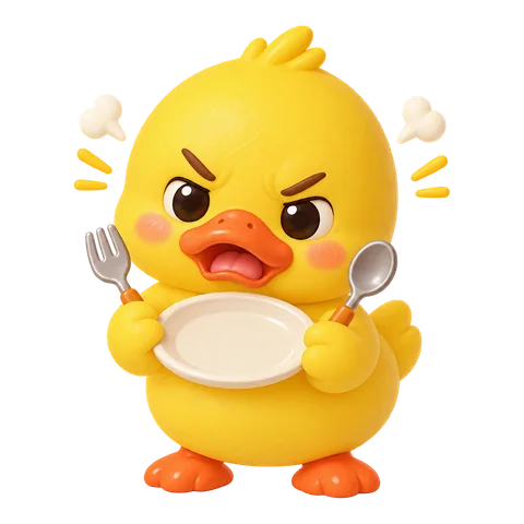 Sunny the duck replies with a sticker: hangry, holding an empty plate with a fork and spoon