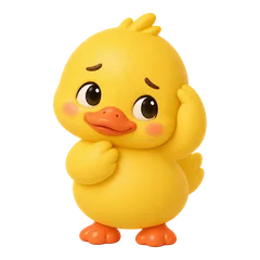 Sunny the duck, hand on cheek, worried