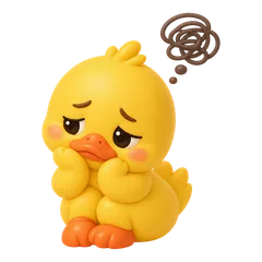 Sunny the duck under a scribbled thought cloud