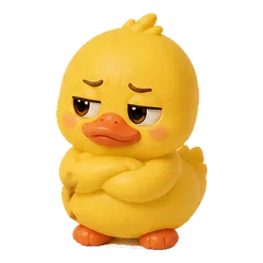 Sunny the duck giving side-eye, arms folded